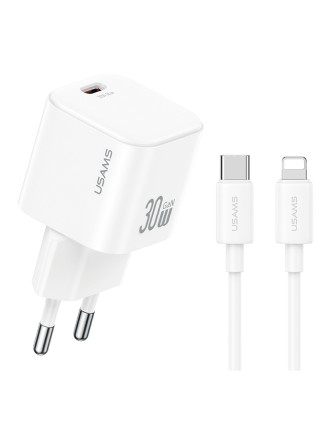 USAMS φορτιστής τοίχου CC262 με καλώδιο Lightning, 30W, GaN, λευκός USAMS φορτιστής τοίχου CC262 με καλώδιο Lightning, 30W, GaN, λευκός