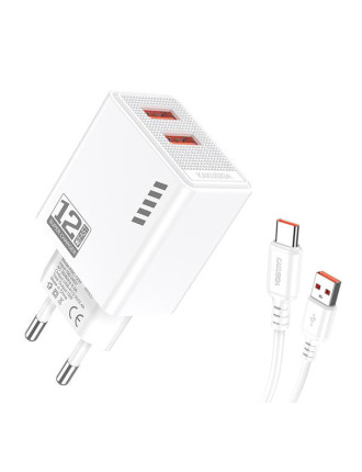KAKUSIGA φορτιστής τοίχου KSC-1238 με καλώδιο USB-C, 2x USB, 12W, λευκός