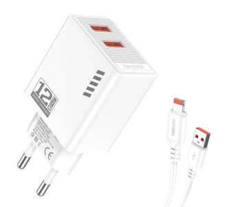 KAKUSIGA φορτιστής τοίχου KSC-1238 με καλώδιο Lightning, 2x USB, 12W, λευκός KAKUSIGA φορτιστής τοίχου KSC-1238 με καλώδιο Lightning, 2x USB, 12W, λευκός