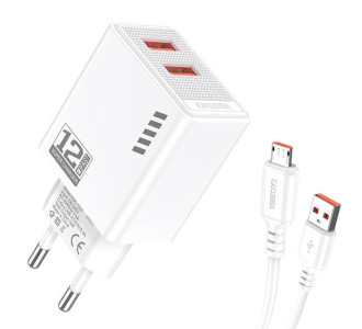 KAKUSIGA φορτιστής τοίχου KSC-1238 με καλώδιο micro USB, 2x USB, 12W, λευκός