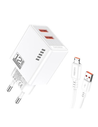 KAKUSIGA φορτιστής τοίχου KSC-1238 με καλώδιο micro USB, 2x USB, 12W, λευκός