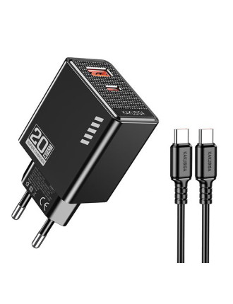 KAKUSIGA φορτιστής τοίχου KSC-1240 με καλώδιο USB-C, USB & USB-C, 20W, μαύρος
