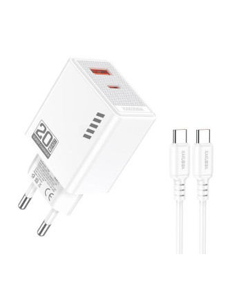 KAKUSIGA φορτιστής τοίχου KSC-1240 με καλώδιο USB-C, USB & USB-C, 20W, λευκός