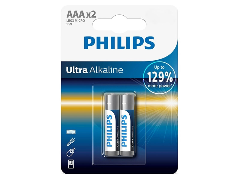 PHILIPS Ultra αλκαλικές μπαταρίες LR03E2B/10, AAA LR03 1.5V, 2τμχ
