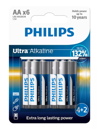 PHILIPS Ultra αλκαλικές μπαταρίες LR6E6BP/10, AA LR6 1.5V, 6τμχ PHILIPS Ultra αλκαλικές μπαταρίες LR6E6BP/10, AA LR6 1.5V, 6τμχ