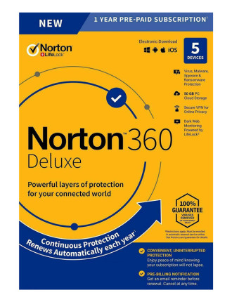 NORTON Antivirus 360 Deluxe ESD, 5 συσκευές, 50GB cloud, 1 έτος NORTON Antivirus 360 Deluxe ESD, 5 συσκευές, 50GB cloud, 1 έτος