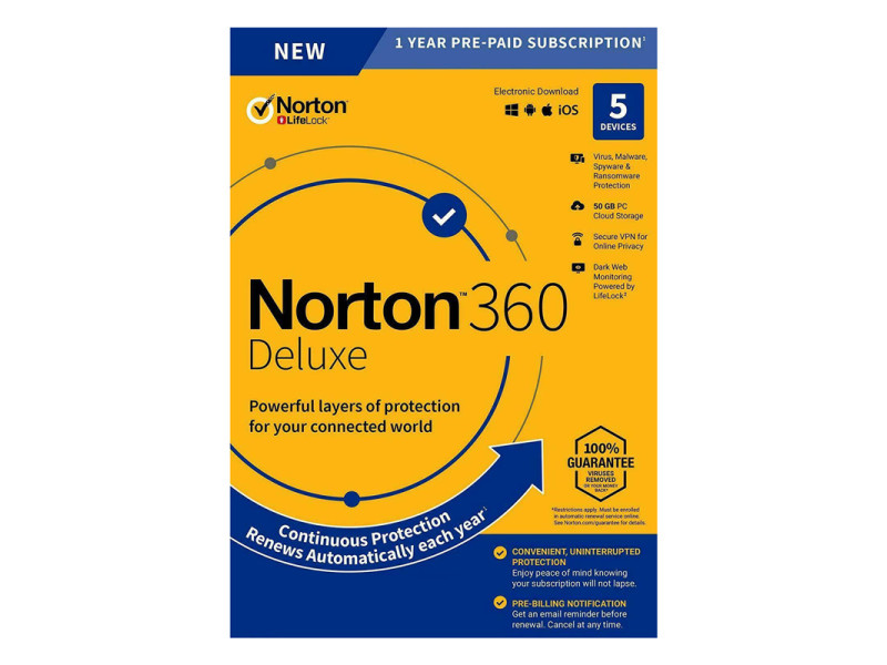 NORTON Antivirus 360 Deluxe ESD, 5 συσκευές, 50GB cloud, 1 έτος