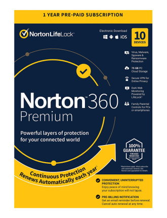 NORTON Antivirus 360 Premium ESD, 10 συσκευές, 75GB cloud, 1 έτος