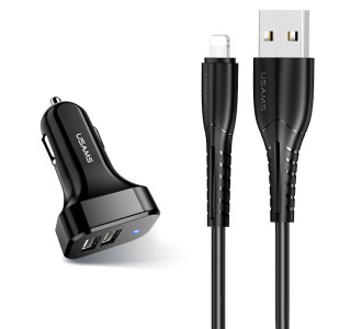 USAMS φορτιστής αυτοκινήτου C13 & καλώδιο Lightning, 2x USB, 2.1A, μαύρο