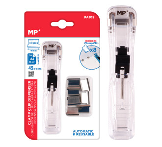 MP συρραπτικό τύπου κλιπ PA109 με 8x επαναχρησιμοποιήσιμα κλιπ, 45 φύλλα, διάφανο MP συρραπτικό τύπου κλιπ PA109 με 8x επαναχρησιμοποιήσιμα κλιπ, 45 φύλλα, διάφανο