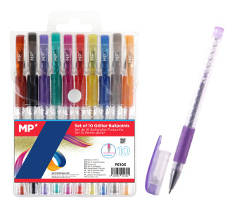 MP σετ στυλό διαρκείας ballpoint PE105 με glitter, 0.9mm, διάφορα χρώματα, 10τμχ