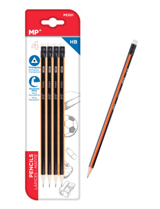 MP ξύλινο μολύβι με γόμα PE301, τρίγωνο, HB, 4τμχ MP ξύλινο μολύβι με γόμα PE301, τρίγωνο, HB, 4τμχ