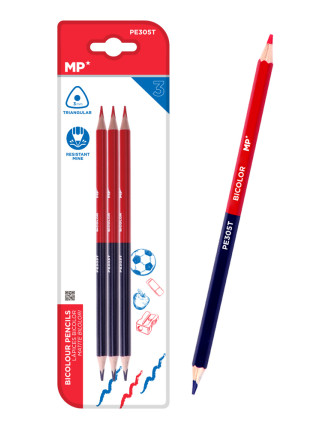 MP ξυλομπογιά με διπλή μύτη PE305T, 3mm μύτη, τρίγωνο, μπλε/κόκκινο, 3τμχ