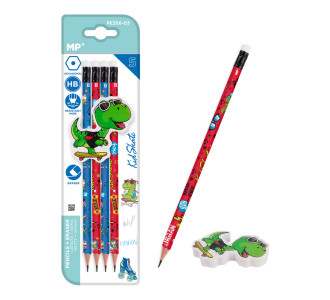 MP σετ ξύλινα μολύβια & γόμα Kid Skate PE356-03, εξάγωνα, HB, 5τμχ MP σετ ξύλινα μολύβια & γόμα Kid Skate PE356-03, εξάγωνα, HB, 5τμχ
