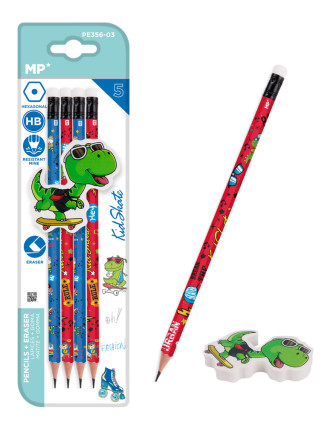 MP σετ ξύλινα μολύβια & γόμα Kid Skate PE356-03, εξάγωνα, HB, 5τμχ MP σετ ξύλινα μολύβια & γόμα Kid Skate PE356-03, εξάγωνα, HB, 5τμχ