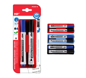 MP μαρκαδόροι & σφουγγάρι ασπροπίνακα PE487-9, 2/3mm μαύρος & μπλε, 2τμχ