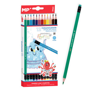 MP χρωματιστές ξυλομπογιές PP823 με γόμα, τρίγωνες, 12τμχ