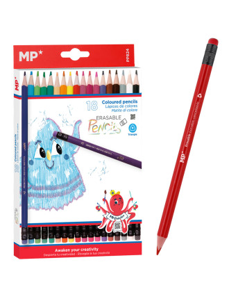 MP χρωματιστές ξυλομπογιές PP824 με γόμα, τρίγωνες, 18τμχ