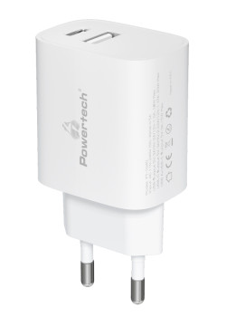 POWERTECH φορτιστής τοίχου PT-1040, USB & USB-C, PD QC3.0, 20W, λευκός
