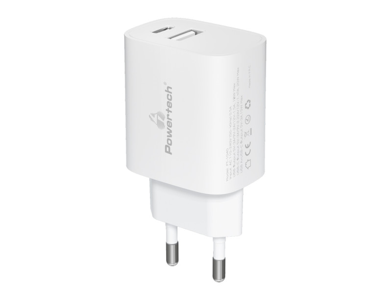 POWERTECH φορτιστής τοίχου PT-1040, USB & USB-C, PD QC3.0, 20W, λευκός