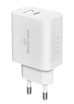 POWERTECH φορτιστής τοίχου PT-1044, USB & USB-C, PD QC3.0, 30W, λευκός
