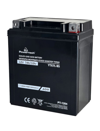 POWERTECH μπαταρία μολύβδου μοτοσυκλέτας PT-1204, 12V 7Ah, AGM, YTX7L-BS
