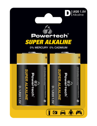 POWERTECH αλκαλικές μπαταρίες Super Alkaline PT-1217, LR20, 1.5V, 2τμχ