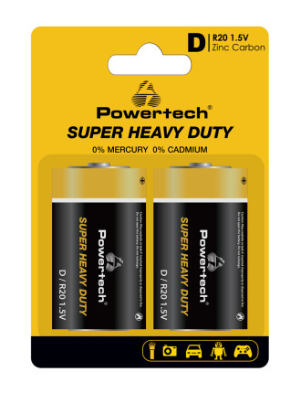 POWERTECH μπαταρίες Zinc Carbon Super Heavy Duty PT-1222, R20 1.5V, 2τμχ