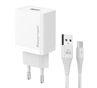 POWERTECH φορτιστής τοίχου PT-1322 με καλώδιο USB-C, USB, 12W, λευκός