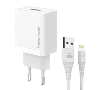POWERTECH φορτιστής τοίχου PT-1323 με καλώδιο Lightning, USB, 12W, λευκός