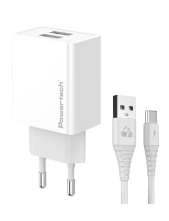POWERTECH φορτιστής τοίχου PT-1324 με καλώδιο USB-C, 2x USB, 12W, λευκός POWERTECH φορτιστής τοίχου PT-1324 με καλώδιο USB-C, 2x USB, 12W, λευκός