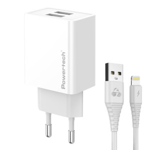POWERTECH φορτιστής τοίχου PT-1325 με καλώδιο Lightning, 2x USB, 12W, λευκός POWERTECH φορτιστής τοίχου PT-1325 με καλώδιο Lightning, 2x USB, 12W, λευκός