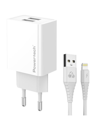 POWERTECH φορτιστής τοίχου PT-1325 με καλώδιο Lightning, 2x USB, 12W, λευκός POWERTECH φορτιστής τοίχου PT-1325 με καλώδιο Lightning, 2x USB, 12W, λευκός