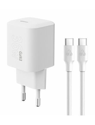POWERTECH φορτιστής τοίχου PT-1350 με καλώδιο, USB-C, 36W, GaN, λευκός