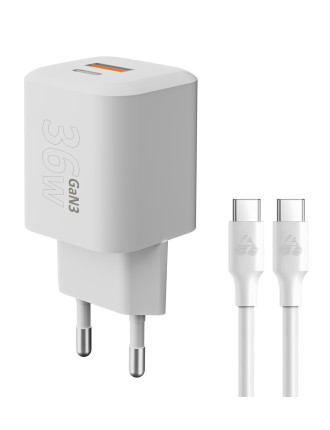 POWERTECH φορτιστής τοίχου PT-1351 με καλώδιο, USB/USB-C, 36W, GaN, λευκός