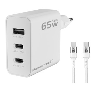 POWERTECH φορτιστής τοίχου PT-1378 με καλώδιο, USB/2x USB-C, 65W, GaN, λευκός POWERTECH φορτιστής τοίχου PT-1378 με καλώδιο, USB/2x USB-C, 65W, GaN, λευκός