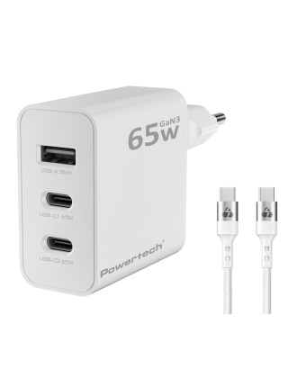 POWERTECH φορτιστής τοίχου PT-1378 με καλώδιο, USB/2x USB-C, 65W, GaN, λευκός POWERTECH φορτιστής τοίχου PT-1378 με καλώδιο, USB/2x USB-C, 65W, GaN, λευκός
