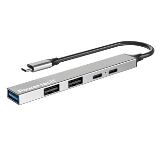 POWERTECH USB hub PT-1414, 5x θυρών, USB 3.2, 5Gbps, 100W, USB-C σύνδεση, γκρι