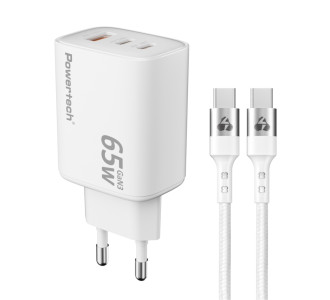 POWERTECH φορτιστής τοίχου PT-1415 με καλώδιο, USB/2x USB-C, 65W, GaN, λευκός