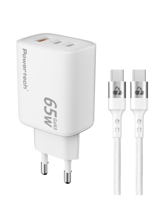POWERTECH φορτιστής τοίχου PT-1415 με καλώδιο, USB/2x USB-C, 65W, GaN, λευκός POWERTECH φορτιστής τοίχου PT-1415 με καλώδιο, USB/2x USB-C, 65W, GaN, λευκός