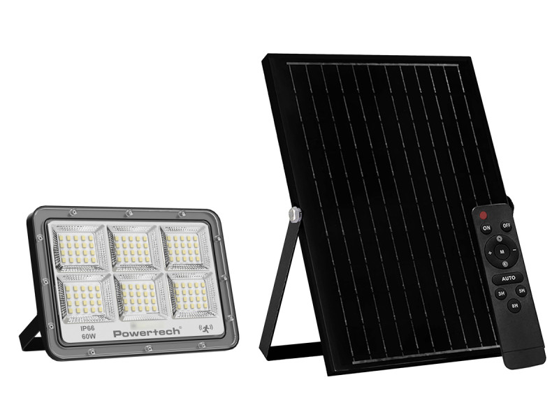 POWERTECH LED ηλιακός προβολέας PT-1456 με τηλεχειριστήριο, αισθητήρας κίνησης, 60W, 4000K, 750lm, IP66
