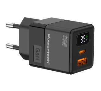 POWERTECH φορτιστής τοίχου PT-1499 με οθόνη, USB/USB-C, 35W, GaN, μαύρος