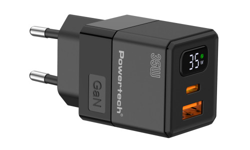 POWERTECH φορτιστής τοίχου PT-1499 με οθόνη, USB/USB-C, 35W, GaN, μαύρος