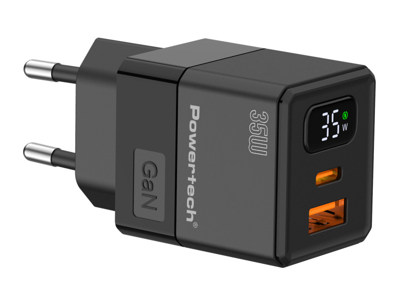 POWERTECH φορτιστής τοίχου PT-1499 με οθόνη, USB/USB-C, 35W, GaN, μαύρος