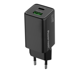 POWERTECH φορτιστής τοίχου PT-1501, USB/USB-C, 65W, GaN, μαύρος