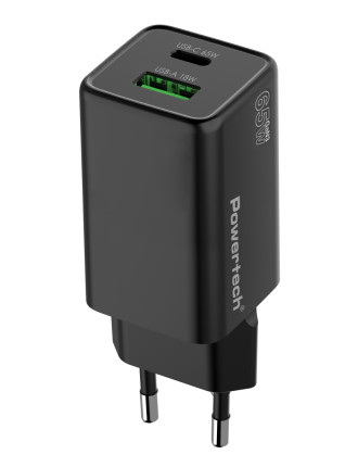 POWERTECH φορτιστής τοίχου PT-1501, USB/USB-C, 65W, GaN, μαύρος