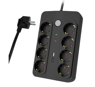 POWERTECH πολύπριζο ασφαλείας PT-1535, 8 θέσεων, με USB & USB-C θύρες, 16A, 1.5m, μαύρο