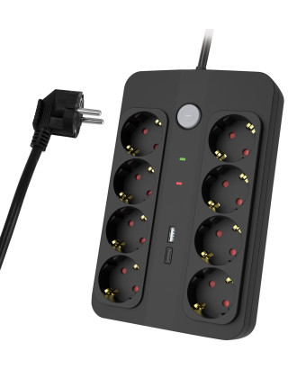 POWERTECH πολύπριζο ασφαλείας PT-1535, 8 θέσεων, με USB & USB-C θύρες, 16A, 1.5m, μαύρο