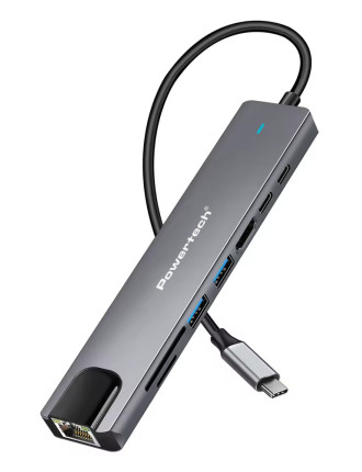 POWERTECH docking station PT-1537, 8 θυρών, USB-C σύνδεση, 100W PD, 1000Mbps, γκρι