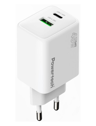 POWERTECH φορτιστής τοίχου PT-1551, USB/USB-C, 45W, GaN, AVS, λευκός